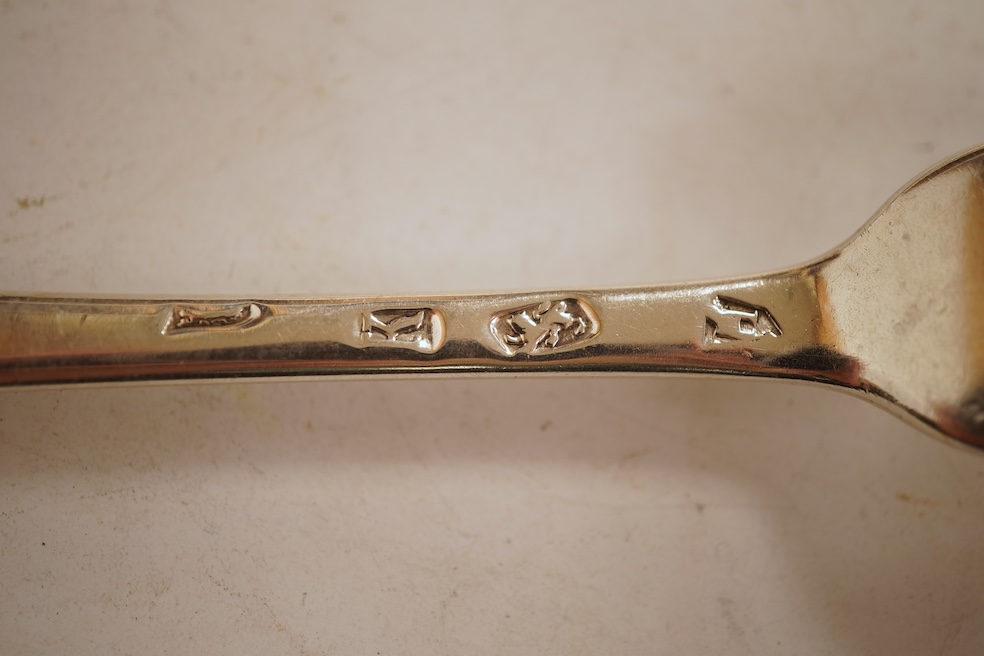 A collection of assorted mainly 18th century silver three pronged table forks, including a pair of dog nose, 19.1cm, most with indistinct or rubbed marks, together with a similar collection of thirteen silver three prong